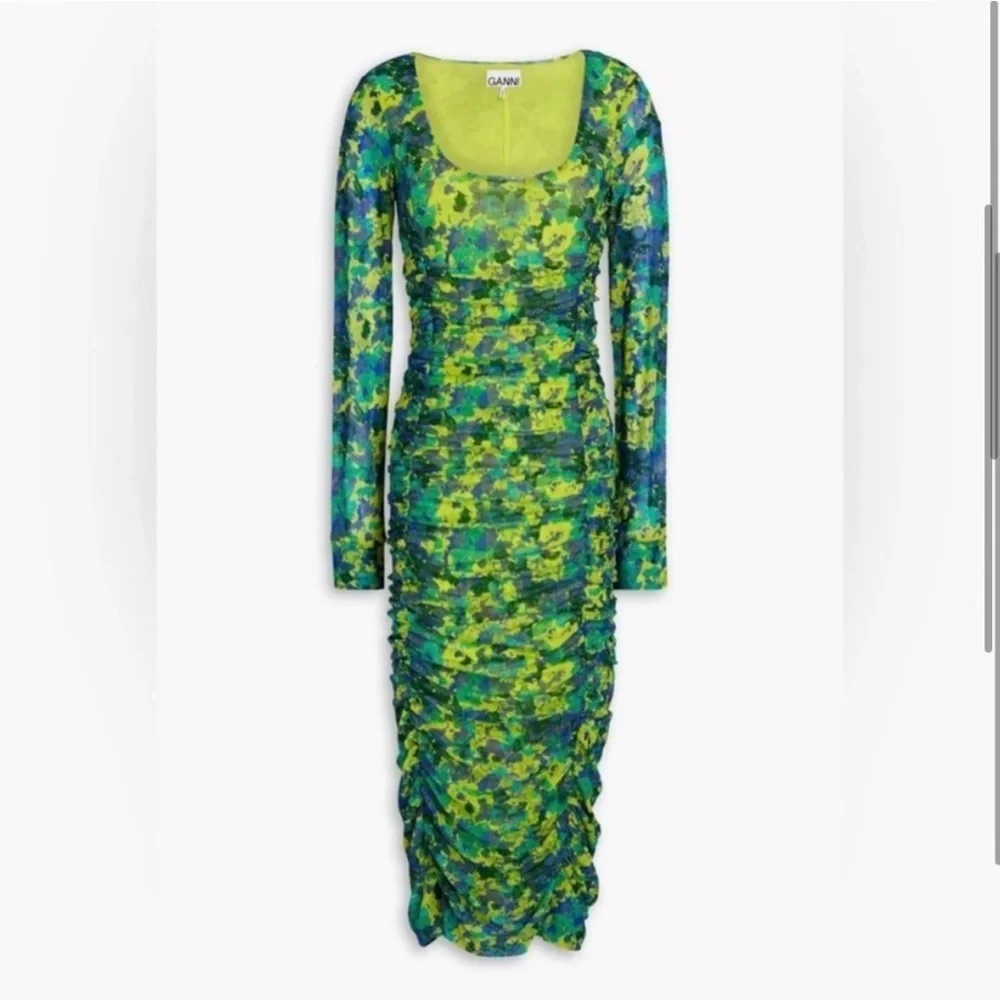 Ganni Ruched Printed Long Sleeve Stretch-Mesh Midi Dress - Picture 3 of 12